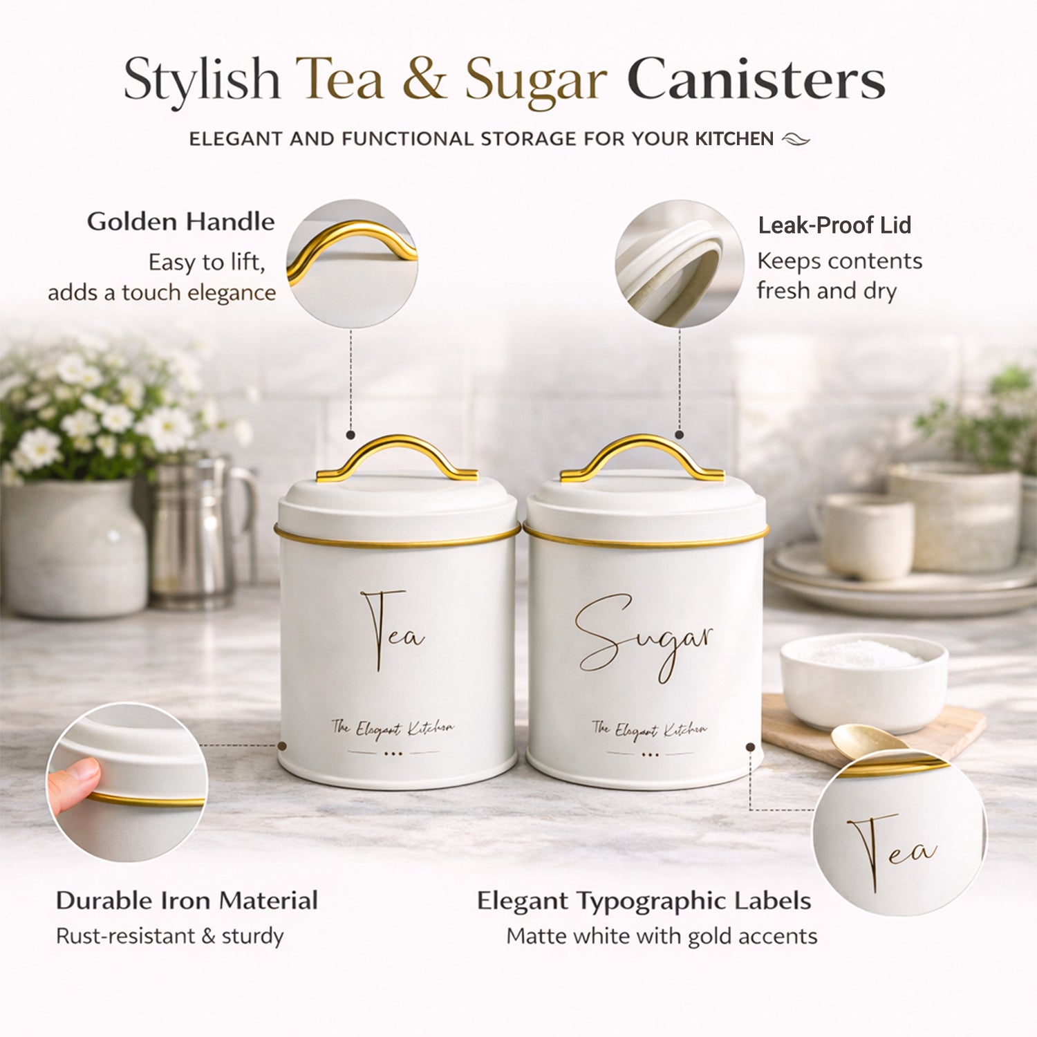 VON CASA White Iron Tea & Sugar Storage Jar Set - 2 Pcs, 1100mL