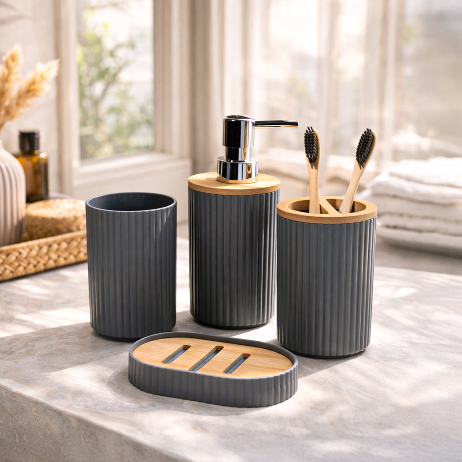 VON CASA Grey Ceramic Bathroom Set - 4 Pcs, 350mL