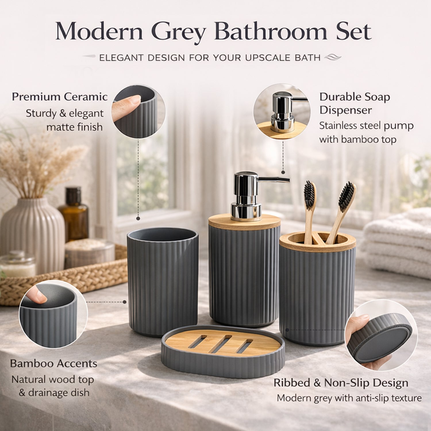 VON CASA Grey Ceramic Bathroom Set - 4 Pcs, 350mL