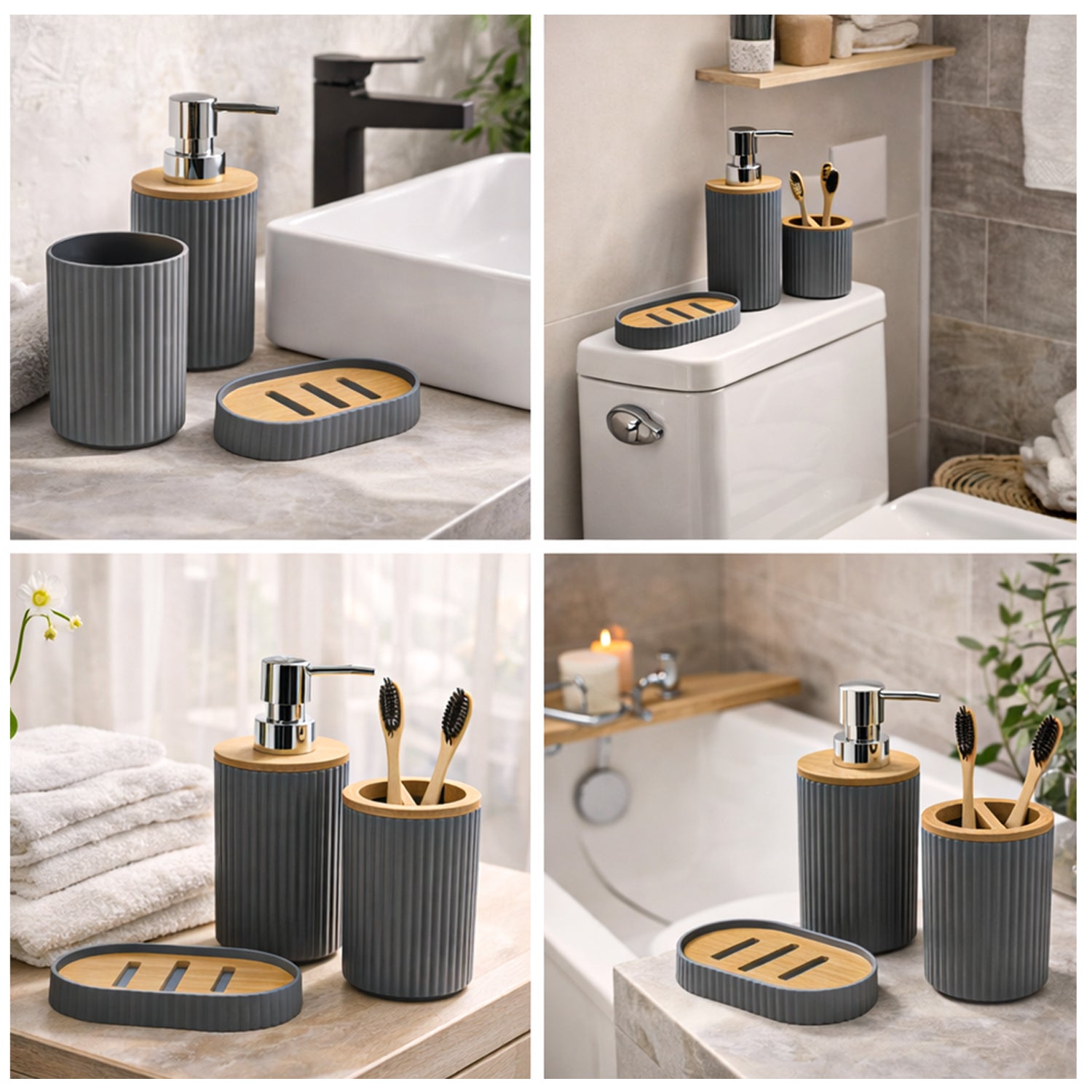 VON CASA Grey Ceramic Bathroom Set - 4 Pcs, 350mL