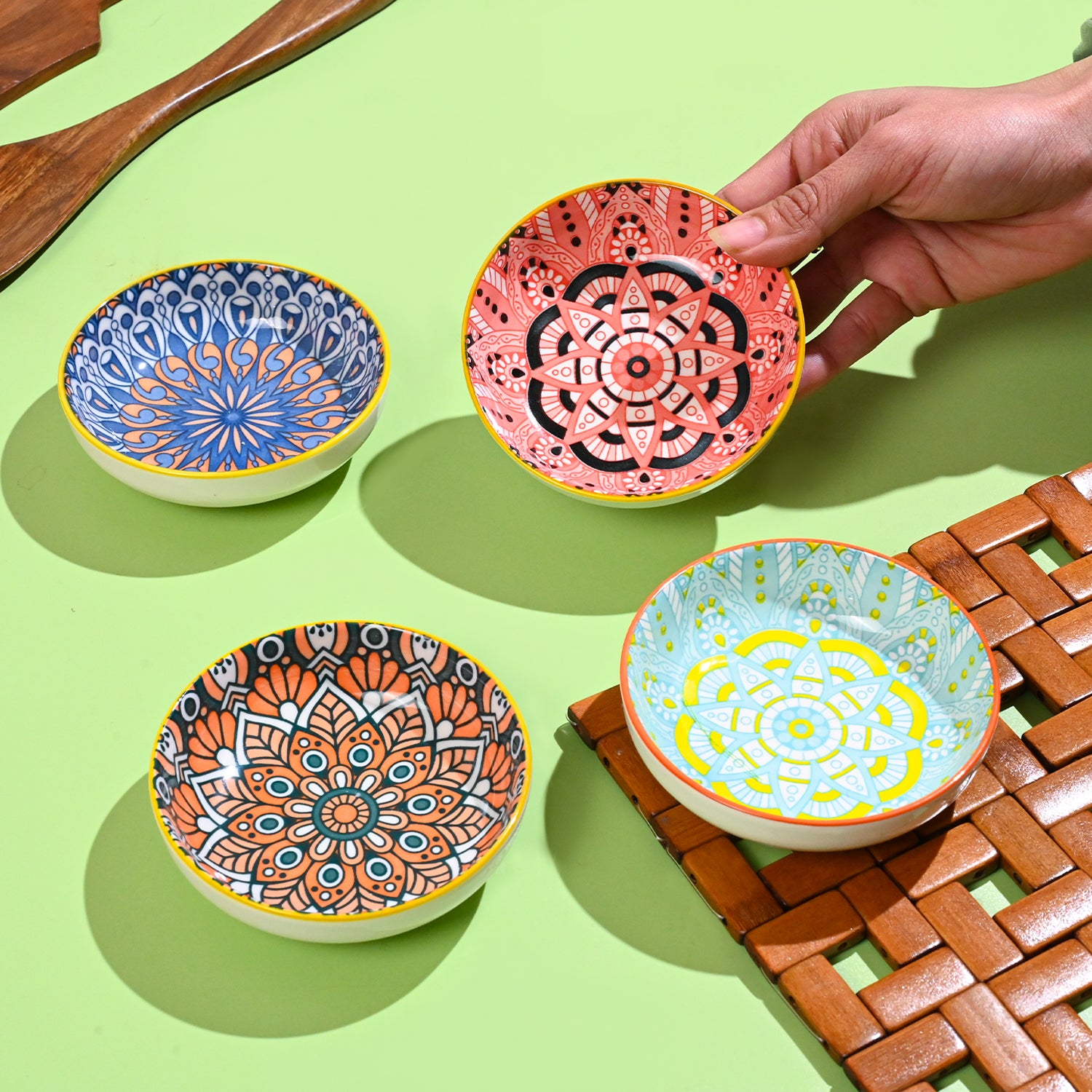 VON CASA Multi-Color Ceramic Chutney Bowl Set - 4 Pcs, 90mL Each