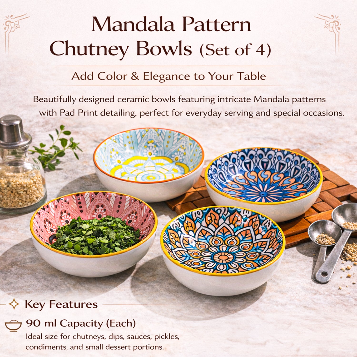 VON CASA Multi-Color Ceramic Chutney Bowl Set - 4 Pcs, 90mL Each