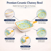 VON CASA Artisan Square Floral Ceramic Dip Bowls (90ml) – Hand-Glazed Decorative Mini Serving Set