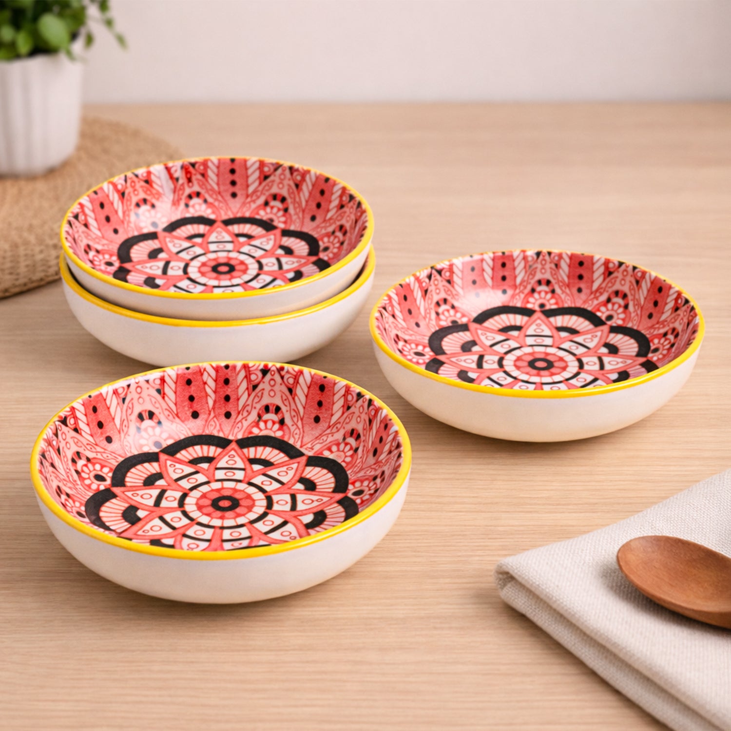 Von Casa Red Mandala Printed 90ml Mini Bowl Set (4 Pieces) – Glossy Ceramic Dip & Chutney Bowls