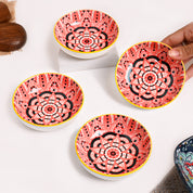 Von Casa Red Mandala Printed 90ml Mini Bowl Set (4 Pieces) – Glossy Ceramic Dip & Chutney Bowls