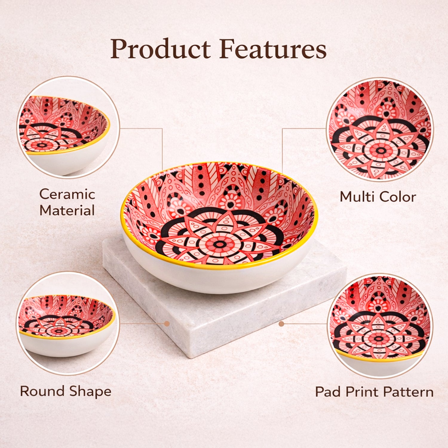 Von Casa Red Mandala Printed 90ml Mini Bowl Set (4 Pieces) – Glossy Ceramic Dip & Chutney Bowls