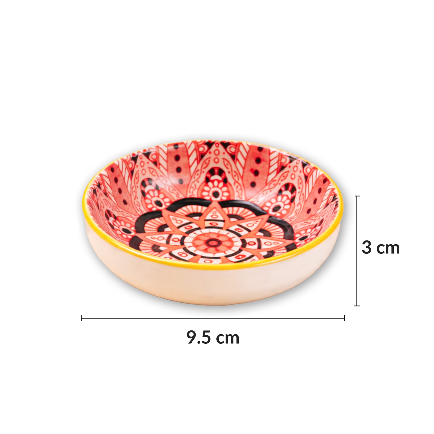 Von Casa Red Mandala Printed 90ml Mini Bowl Set (4 Pieces) – Glossy Ceramic Dip & Chutney Bowls