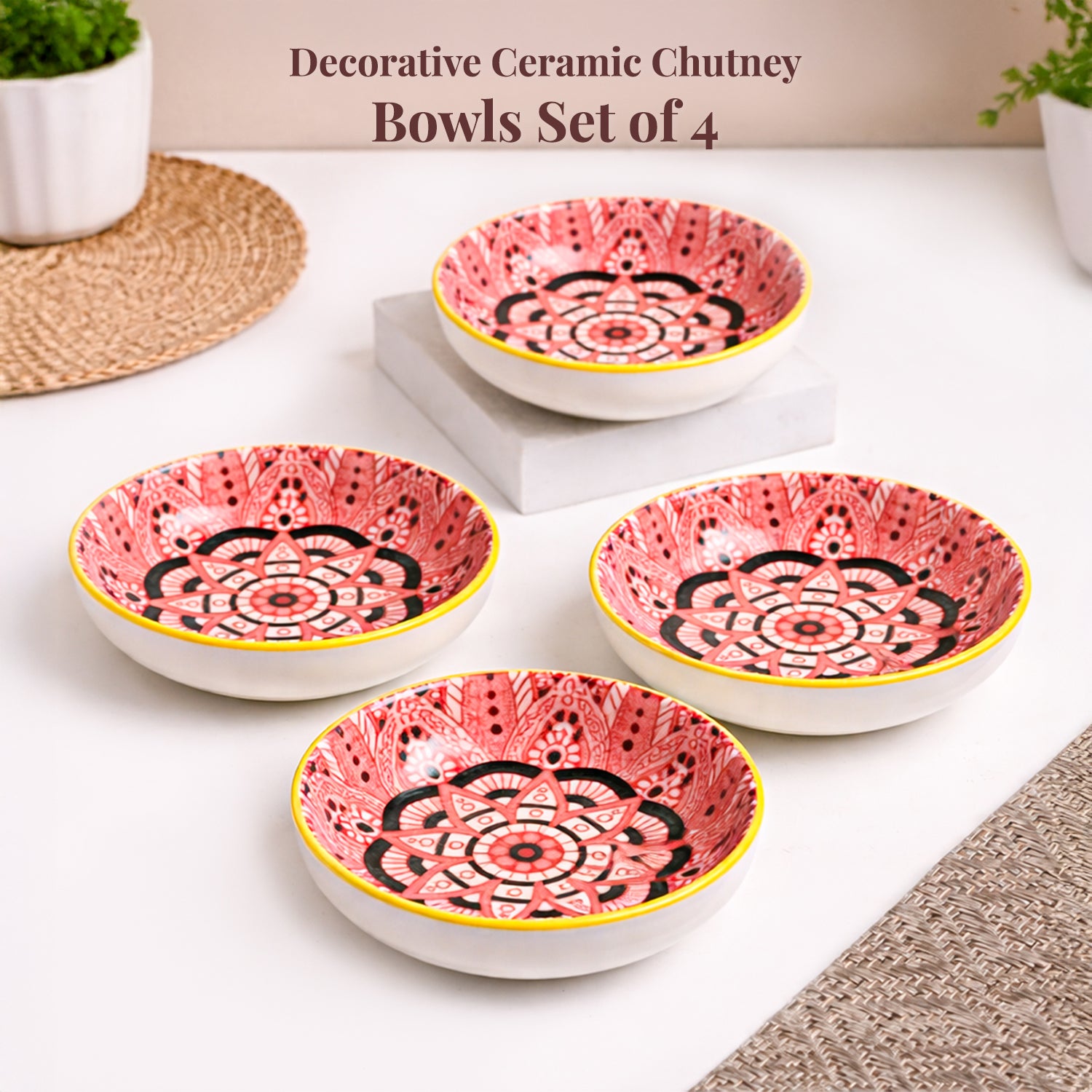 Von Casa Red Mandala Printed 90ml Mini Bowl Set (4 Pieces) – Glossy Ceramic Dip & Chutney Bowls
