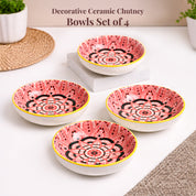 Von Casa Red Mandala Printed 90ml Mini Bowl Set (4 Pieces) – Glossy Ceramic Dip & Chutney Bowls