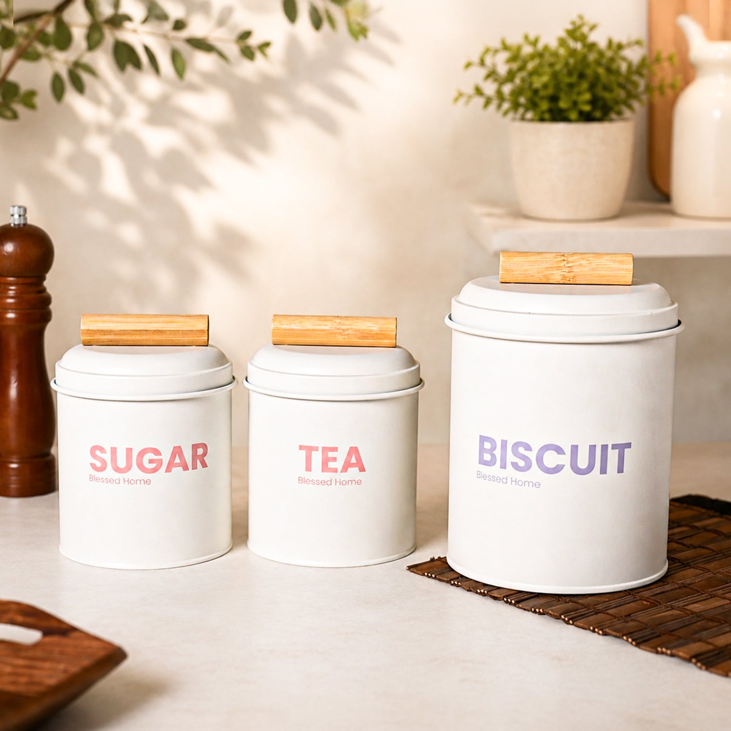 VON CASA White Metal Tea, Sugar & Biscuit Storage Jar Set of 3 with Nordic Wooden Lids