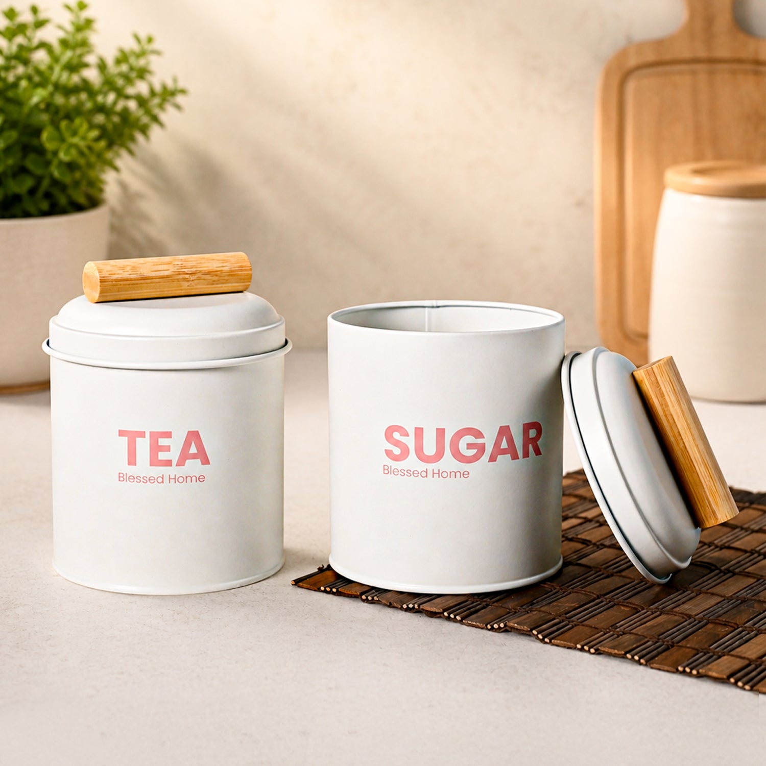 VON CASA White Metal Tea, Sugar & Biscuit Storage Jar Set of 3 with Nordic Wooden Lids