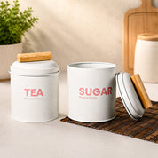 VON CASA White Metal Tea, Sugar & Biscuit Storage Jar Set of 3 with Nordic Wooden Lids