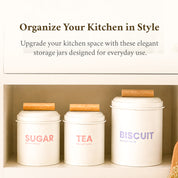 VON CASA White Metal Tea, Sugar & Biscuit Storage Jar Set of 3 with Nordic Wooden Lids