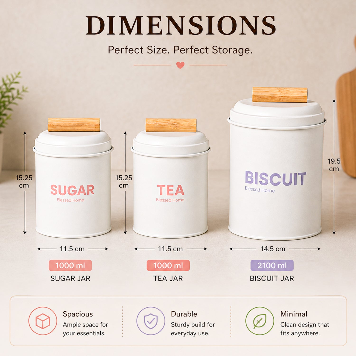VON CASA White Metal Tea, Sugar & Biscuit Storage Jar Set of 3 with Nordic Wooden Lids