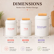 VON CASA White Metal Tea, Sugar & Biscuit Storage Jar Set of 3 with Nordic Wooden Lids