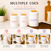 VON CASA White Metal Tea, Sugar & Biscuit Storage Jar Set of 3 with Nordic Wooden Lids