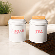 VON CASA Tea & Sugar Storage Jar Set of 2 with Nordic Wooden Lids | White Metal Canisters