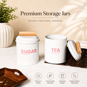 VON CASA Tea & Sugar Storage Jar Set of 2 with Nordic Wooden Lids | White Metal Canisters