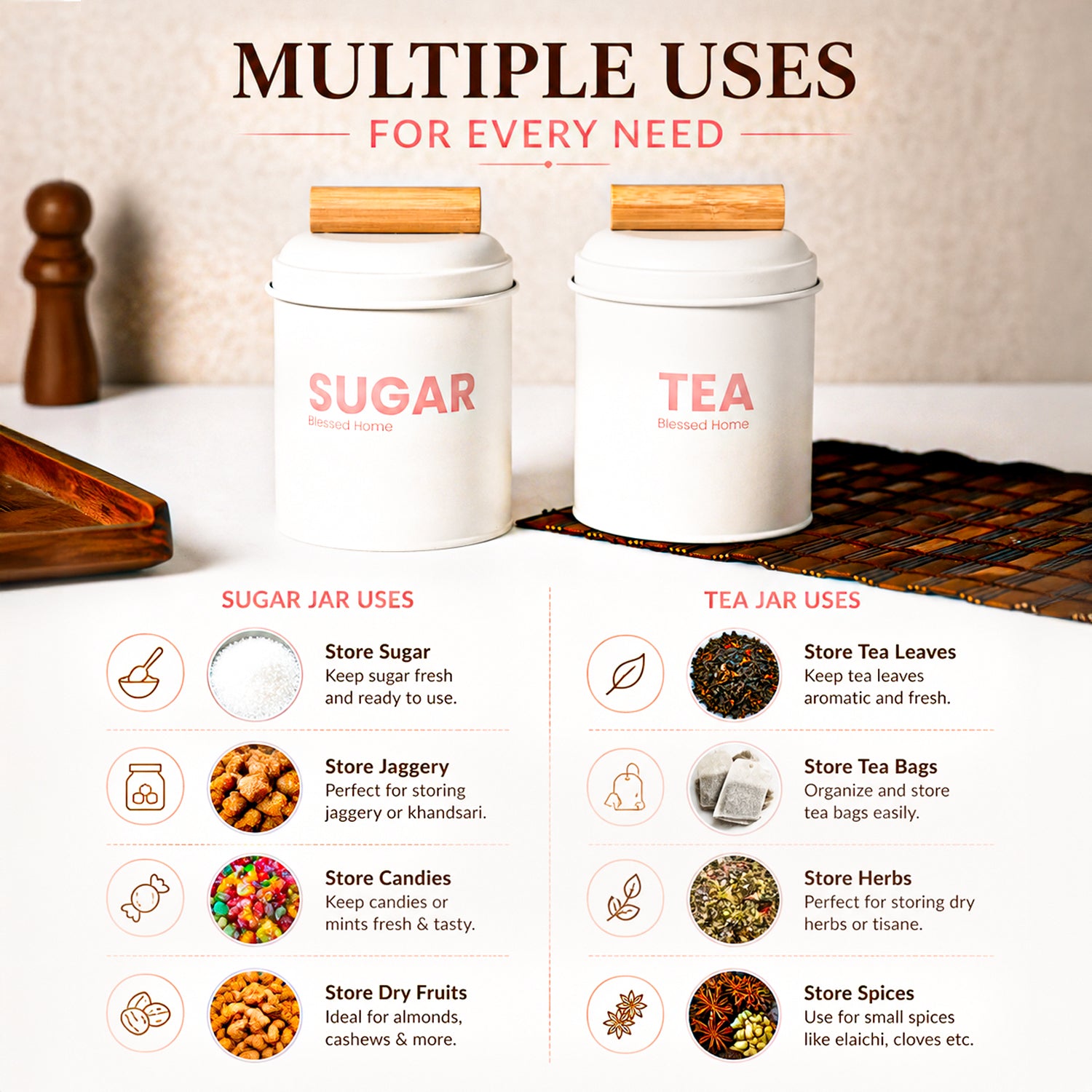 VON CASA Tea & Sugar Storage Jar Set of 2 with Nordic Wooden Lids | White Metal Canisters