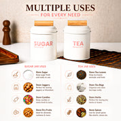 VON CASA Tea & Sugar Storage Jar Set of 2 with Nordic Wooden Lids | White Metal Canisters