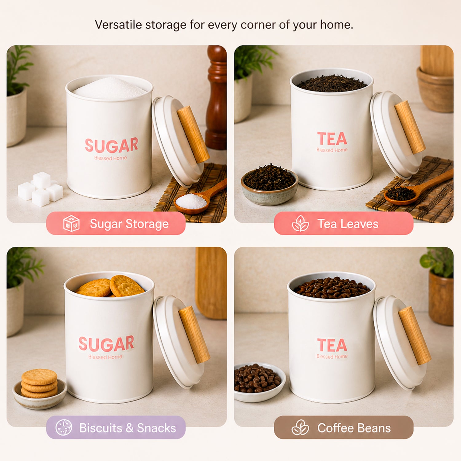 VON CASA Tea & Sugar Storage Jar Set of 2 with Nordic Wooden Lids | White Metal Canisters