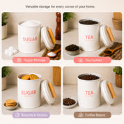 VON CASA Tea & Sugar Storage Jar Set of 2 with Nordic Wooden Lids | White Metal Canisters