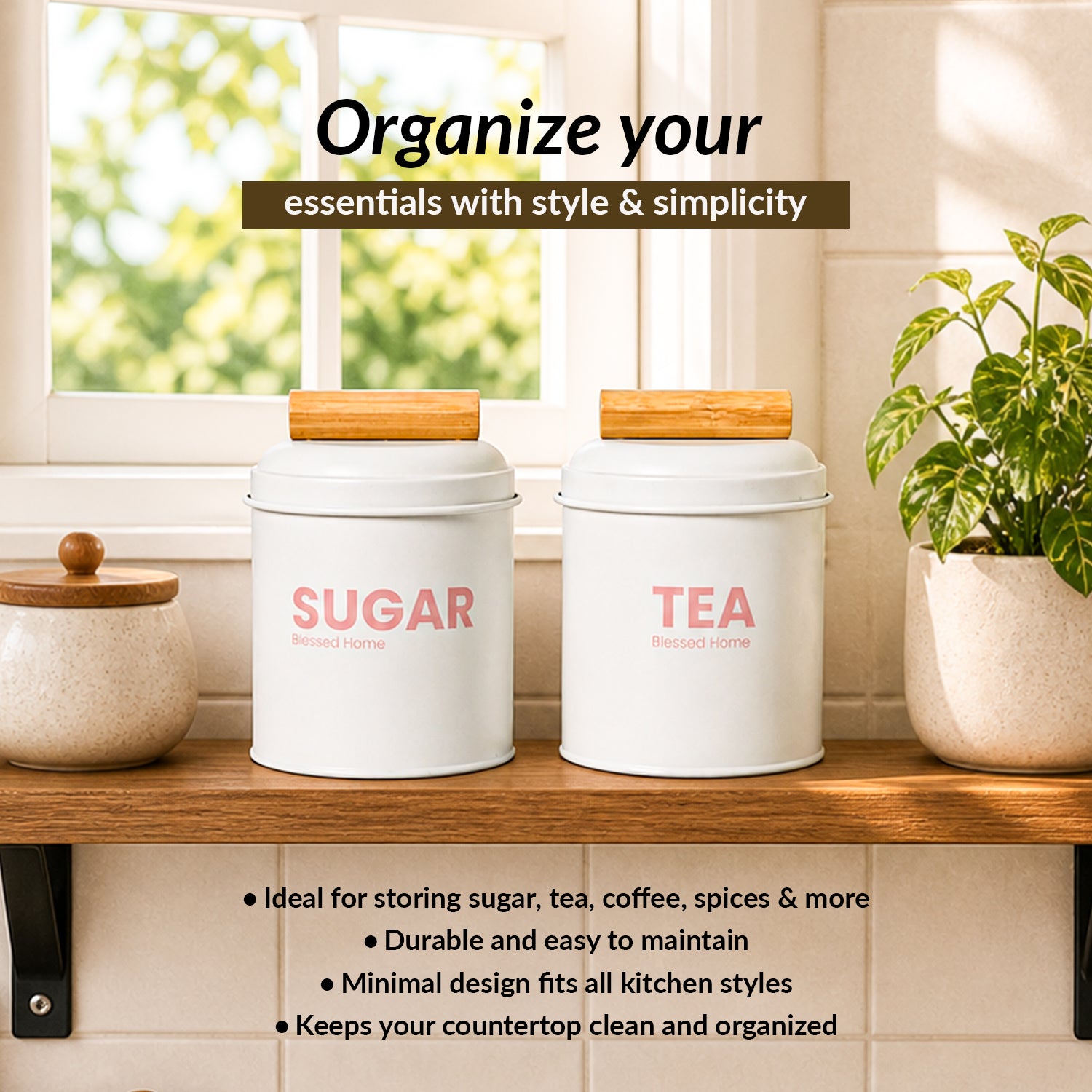 VON CASA Tea & Sugar Storage Jar Set of 2 with Nordic Wooden Lids | White Metal Canisters
