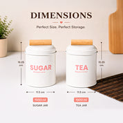 VON CASA Tea & Sugar Storage Jar Set of 2 with Nordic Wooden Lids | White Metal Canisters