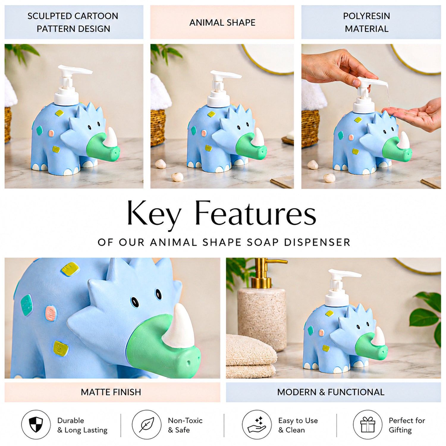 VON CASA Blue Dinosaur Soap Dispenser & Bathroom Holder Set