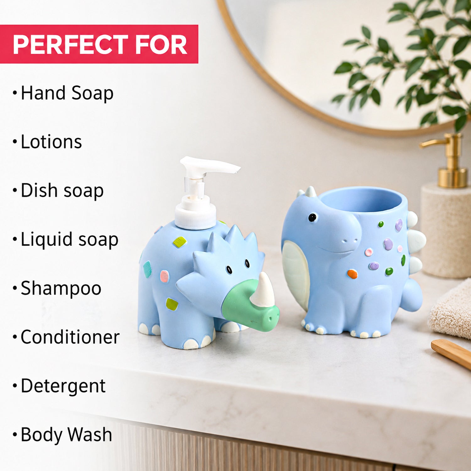 VON CASA Blue Dinosaur Soap Dispenser & Bathroom Holder Set