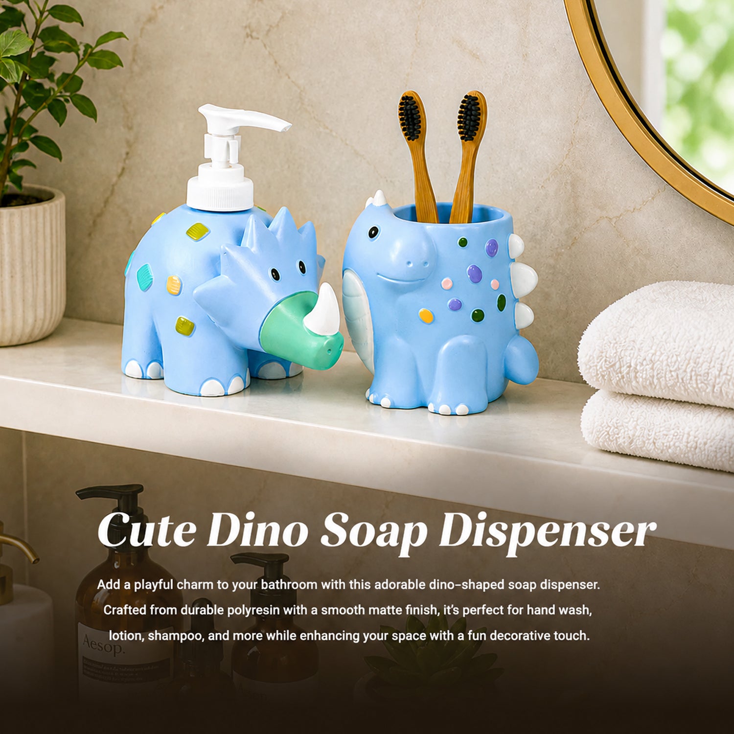VON CASA Blue Dinosaur Soap Dispenser & Bathroom Holder Set