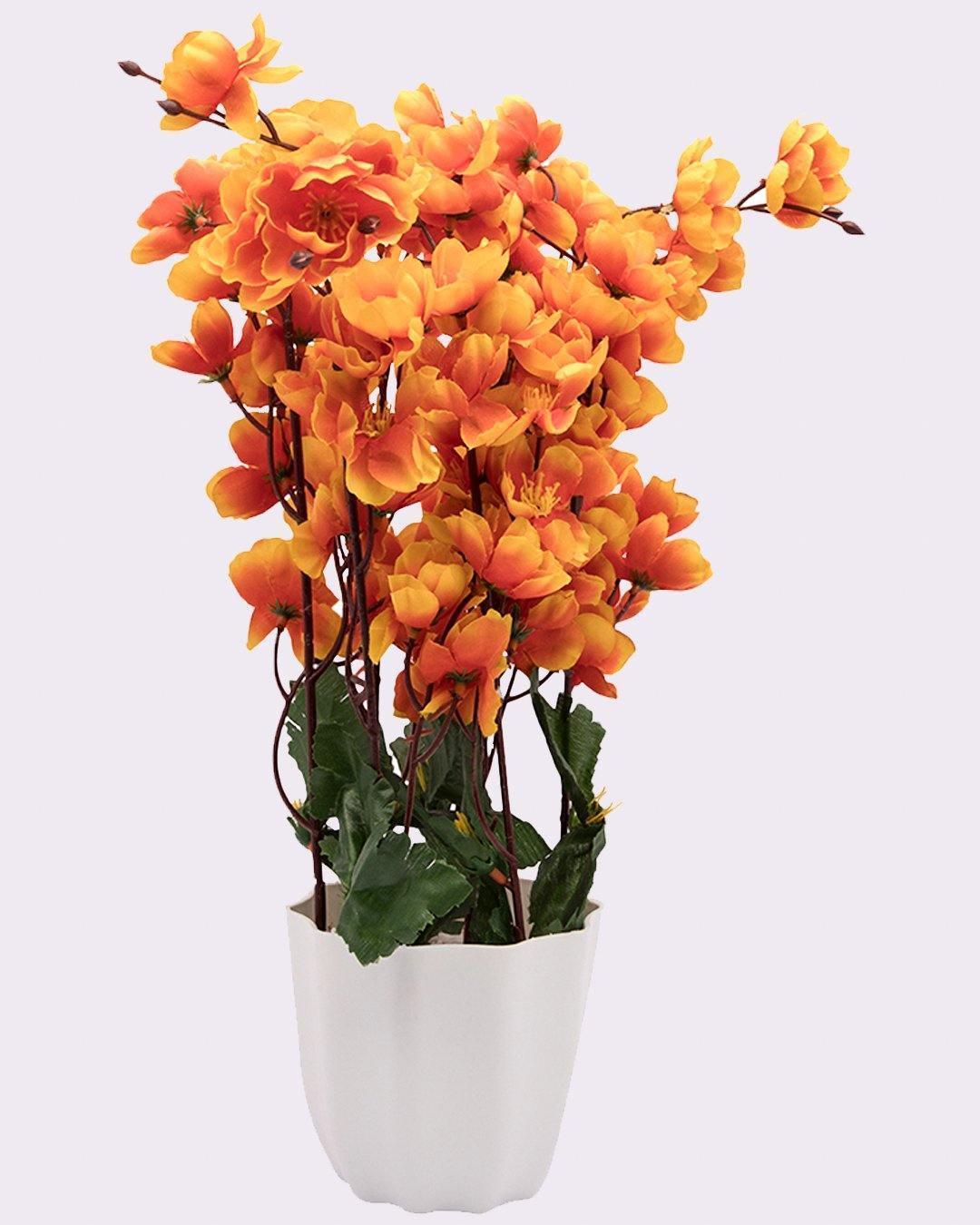 Artificial Flower Plant with White Pot, Blossoms, Orange, Plastic Plant - MARKET 99