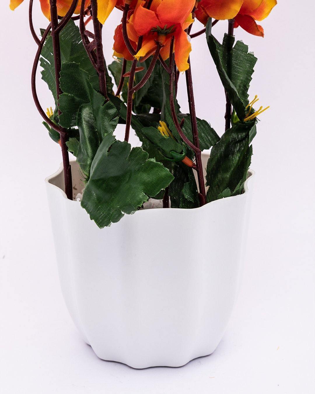 Artificial Flower Plant with White Pot, Blossoms, Orange, Plastic Plant - MARKET 99