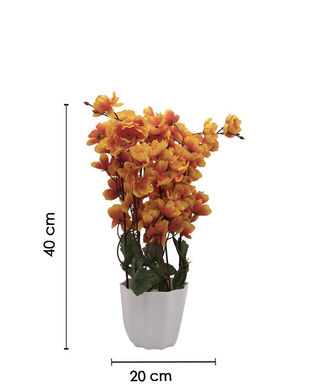Artificial Flower Plant with White Pot, Blossoms, Orange, Plastic Plant - MARKET 99
