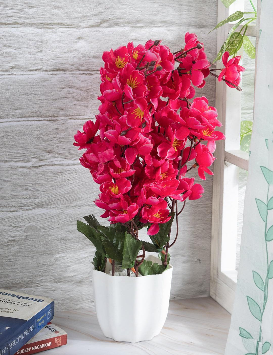 Artificial Flower Plant with White Pot, Blossoms, Pink, Plastic Plant - MARKET 99