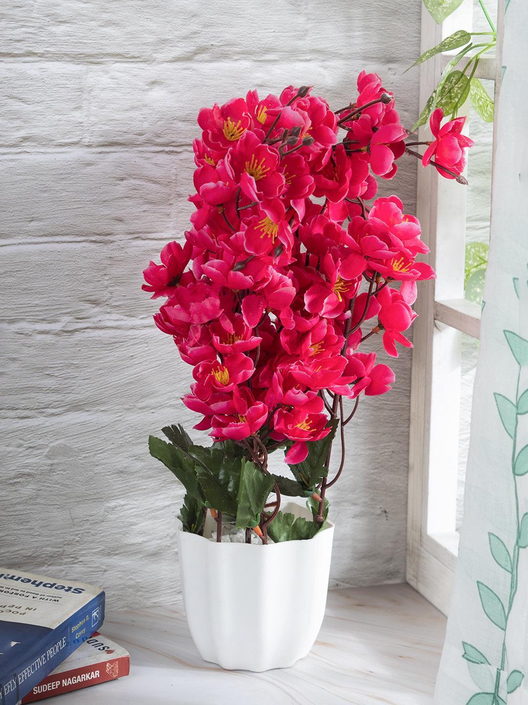 Artificial Flower Plant with White Pot, Blossoms, Pink, Plastic Plant - MARKET 99