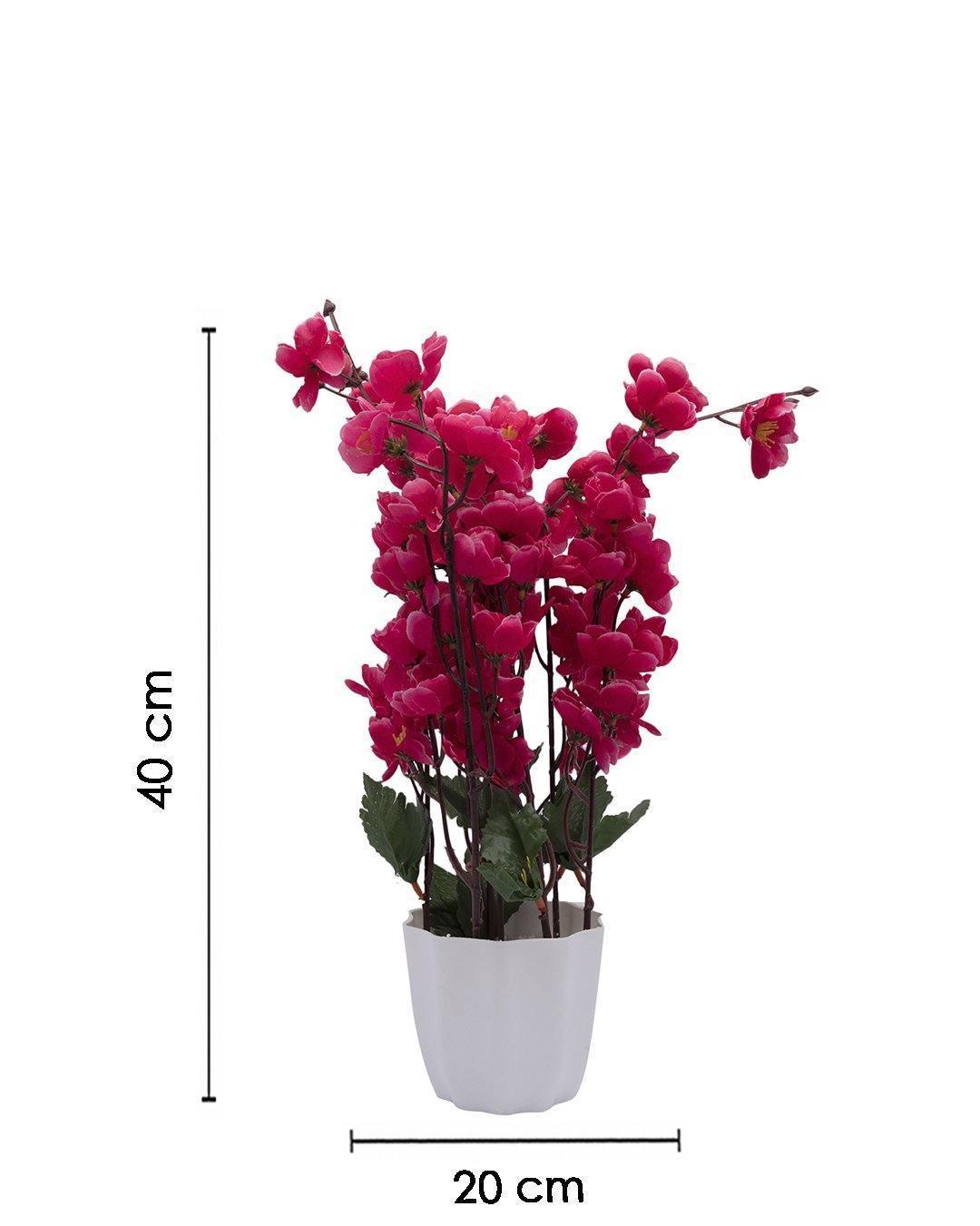 Artificial Flower Plant with White Pot, Blossoms, Pink, Plastic Plant - MARKET 99
