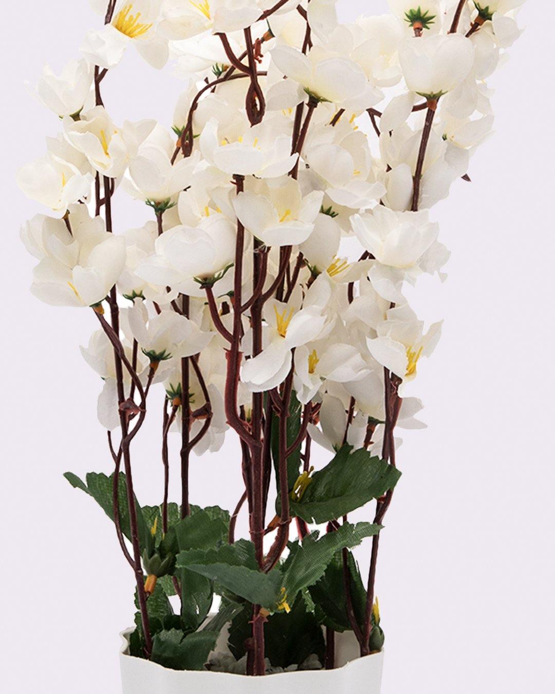 Artificial Flower Plant with White Pot, Blossoms, White, Plastic Plant - MARKET 99