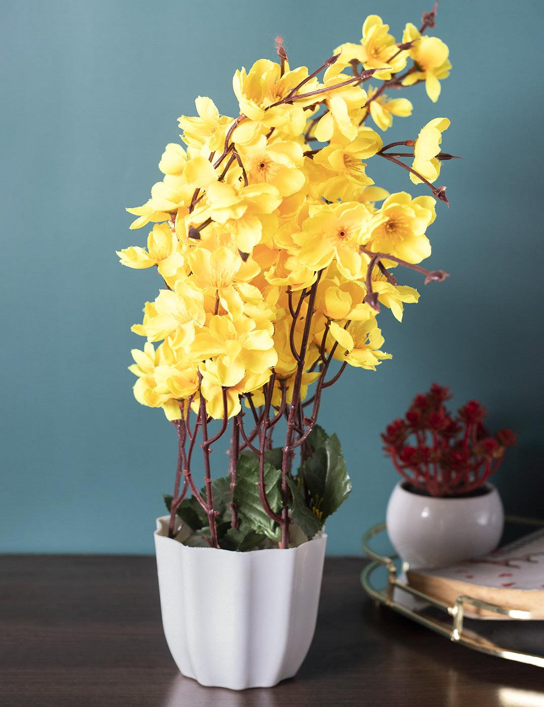 Artificial Flower Plant with White Pot, Blossoms, Yellow, Plastic Plant - MARKET 99