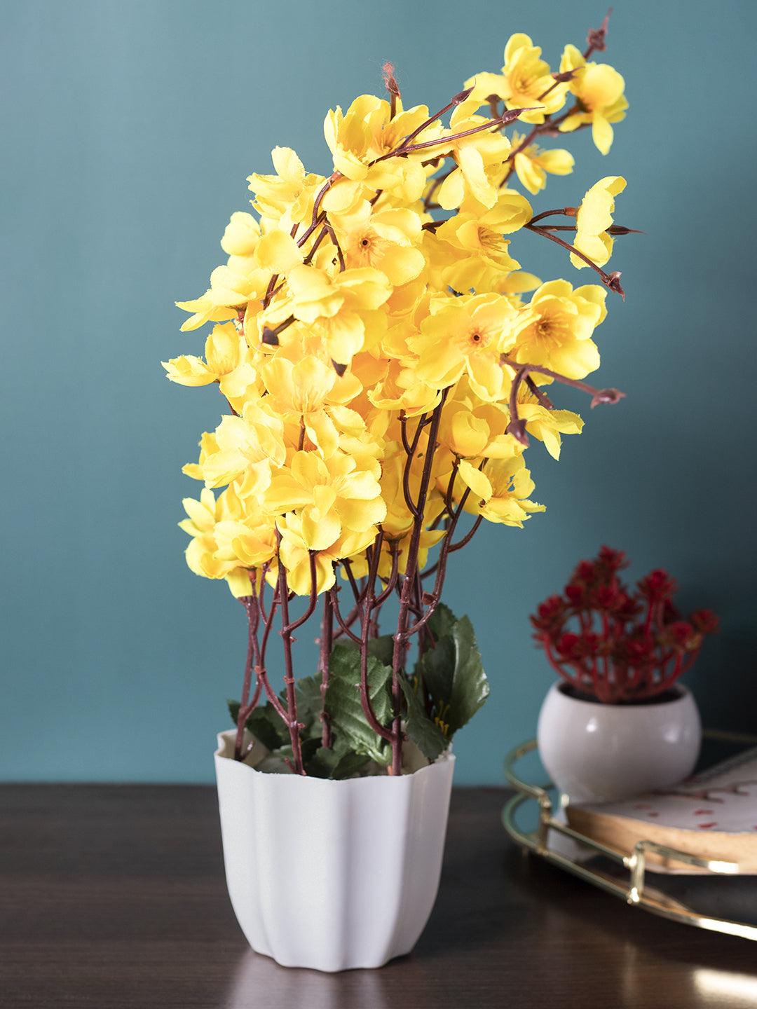 Artificial Flower Plant with White Pot, Blossoms, Yellow, Plastic Plant - MARKET 99