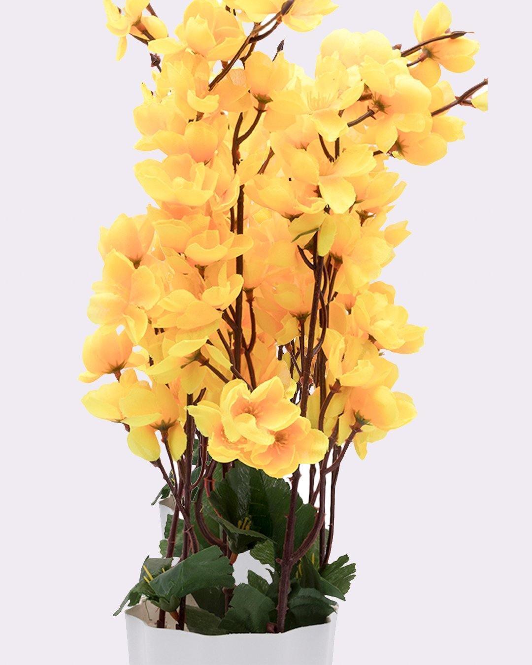 Artificial Flower Plant with White Pot, Blossoms, Yellow, Plastic Plant - MARKET 99