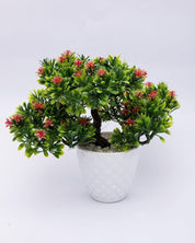 Artificial Flower Plant with White Pot, Bonsai, Red & Green, Plastic Plant - MARKET 99