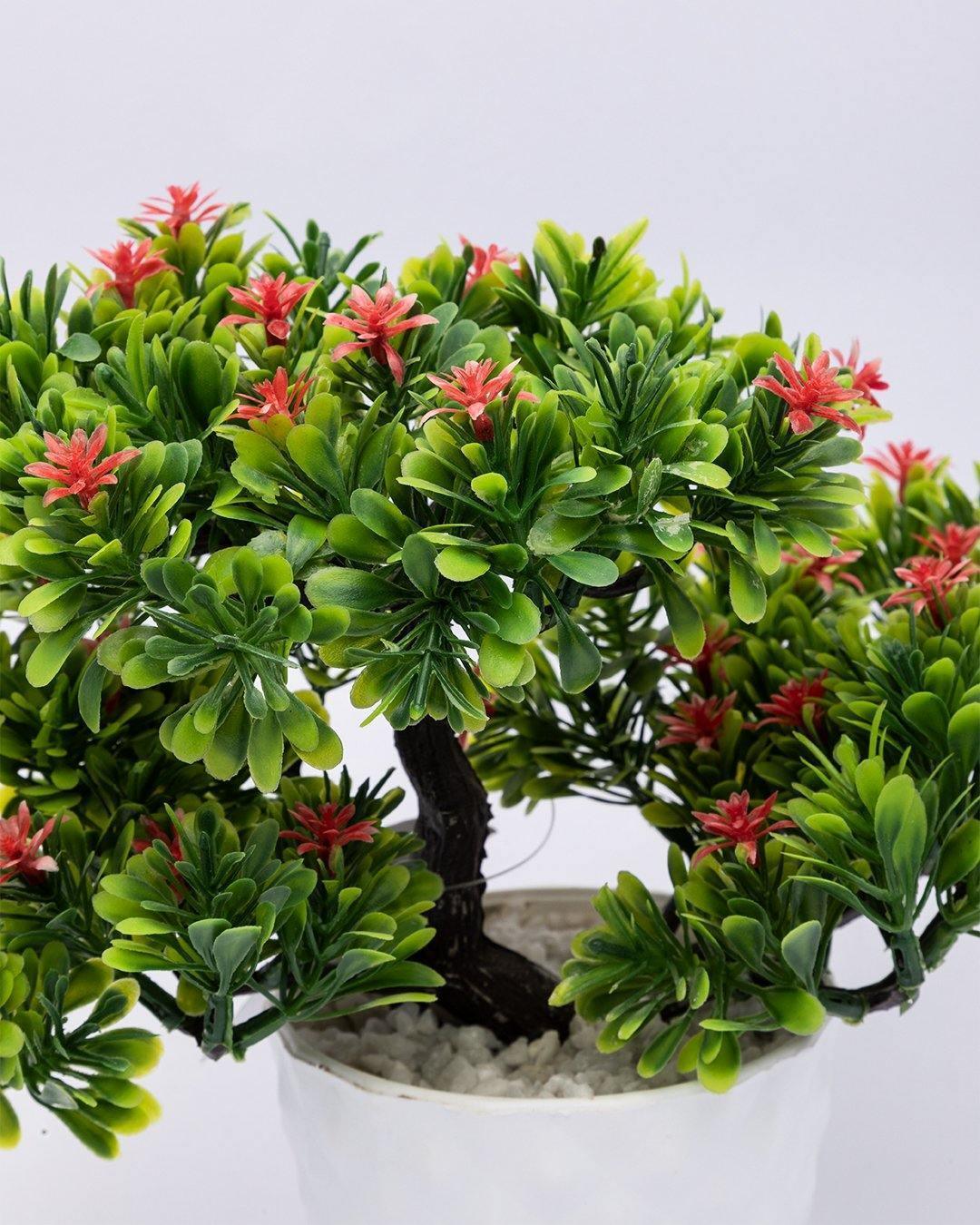 Artificial Flower Plant with White Pot, Bonsai, Red & Green, Plastic Plant - MARKET 99