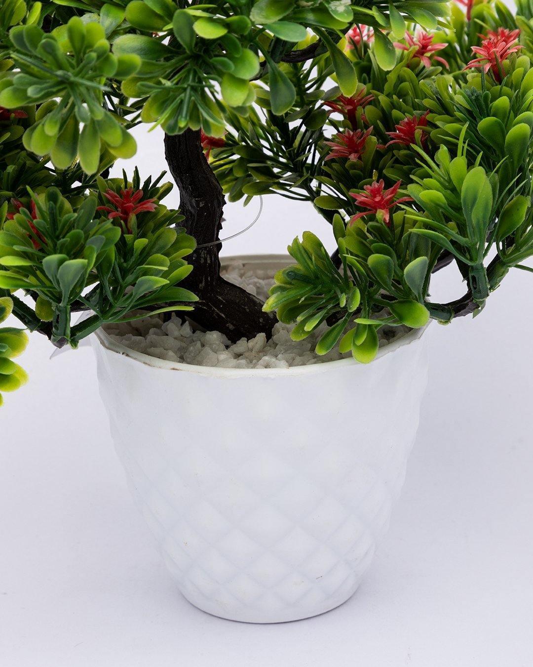 Artificial Flower Plant with White Pot, Bonsai, Red & Green, Plastic Plant - MARKET 99
