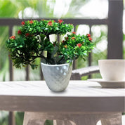 Artificial Flower Plant with White Pot, Bonsai, Red & Green, Plastic Plant - MARKET 99