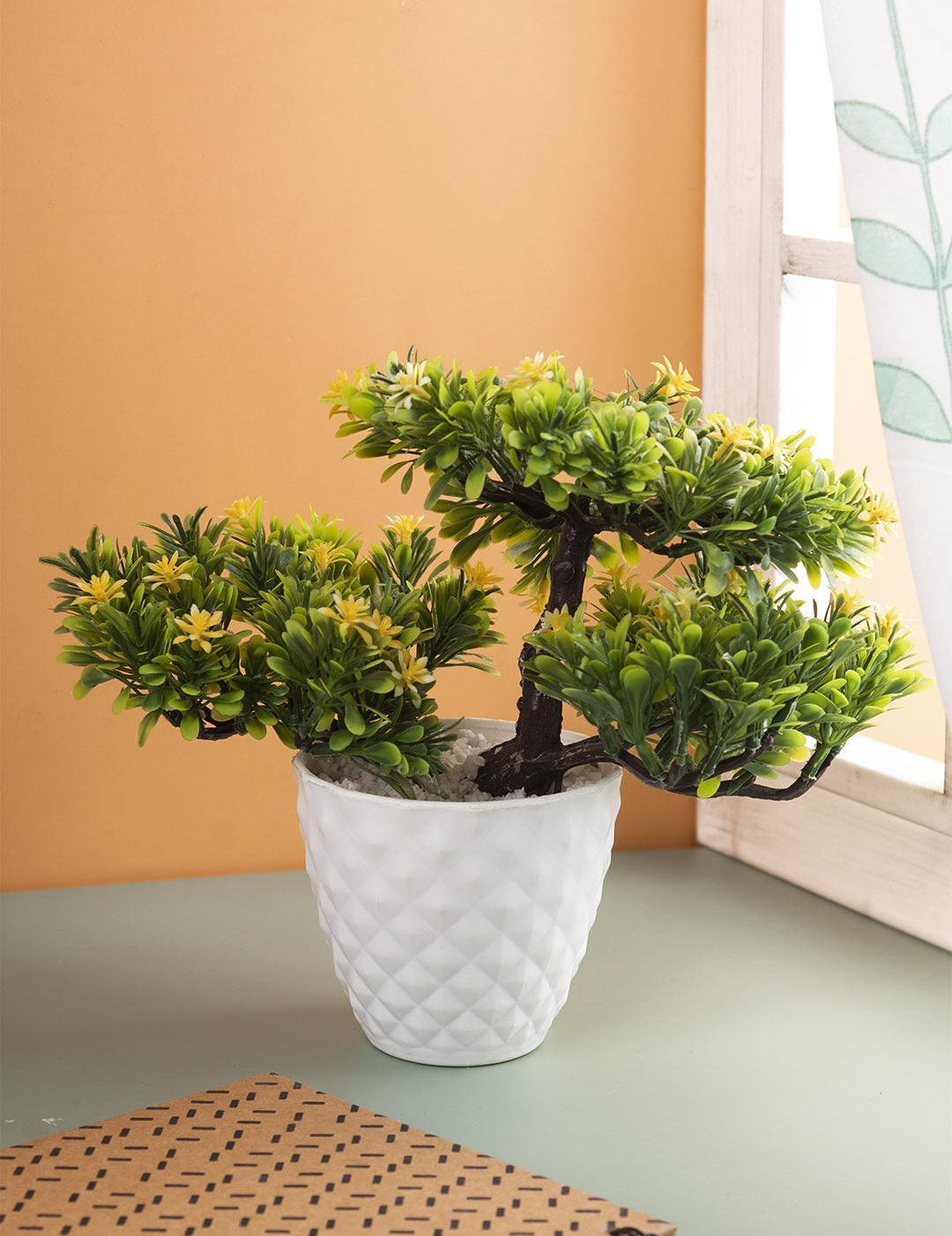 Artificial Flower Plant with White Pot, Bonsai, Yellow & Green, Plastic Plant - MARKET 99