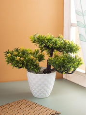 Artificial Flower Plant with White Pot, Bonsai, Yellow & Green, Plastic Plant - MARKET 99