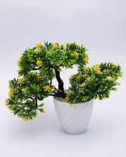 Artificial Flower Plant with White Pot, Bonsai, Yellow & Green, Plastic Plant - MARKET 99