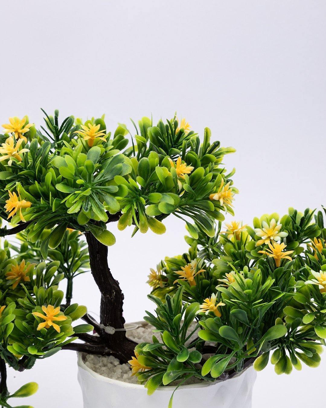 Artificial Flower Plant with White Pot, Bonsai, Yellow & Green, Plastic Plant - MARKET 99