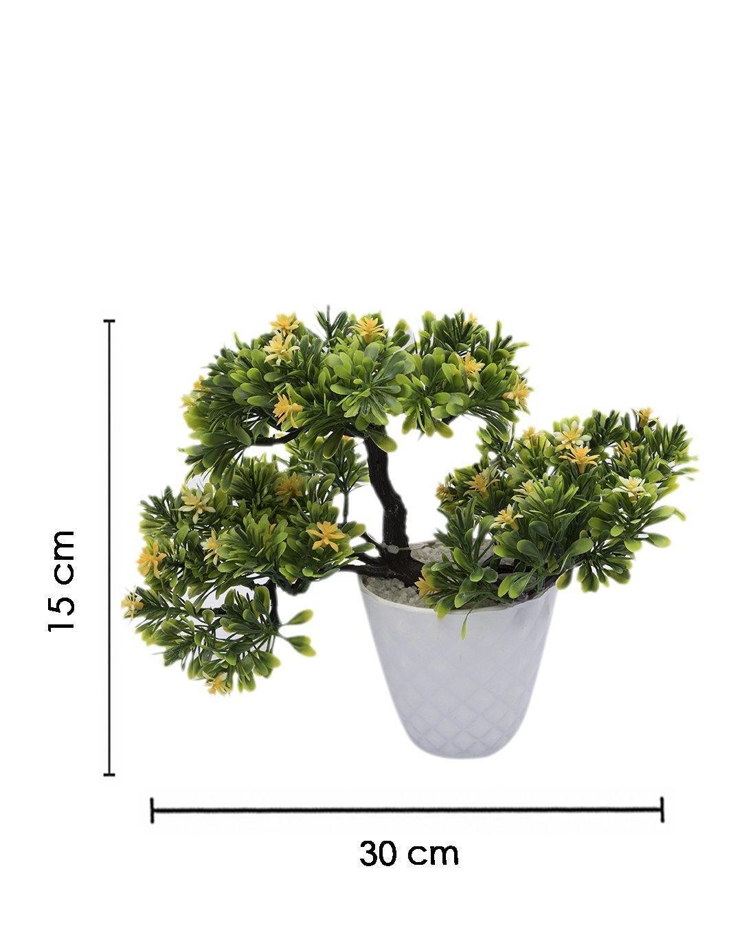 Artificial Flower Plant with White Pot, Bonsai, Yellow & Green, Plastic Plant - MARKET 99